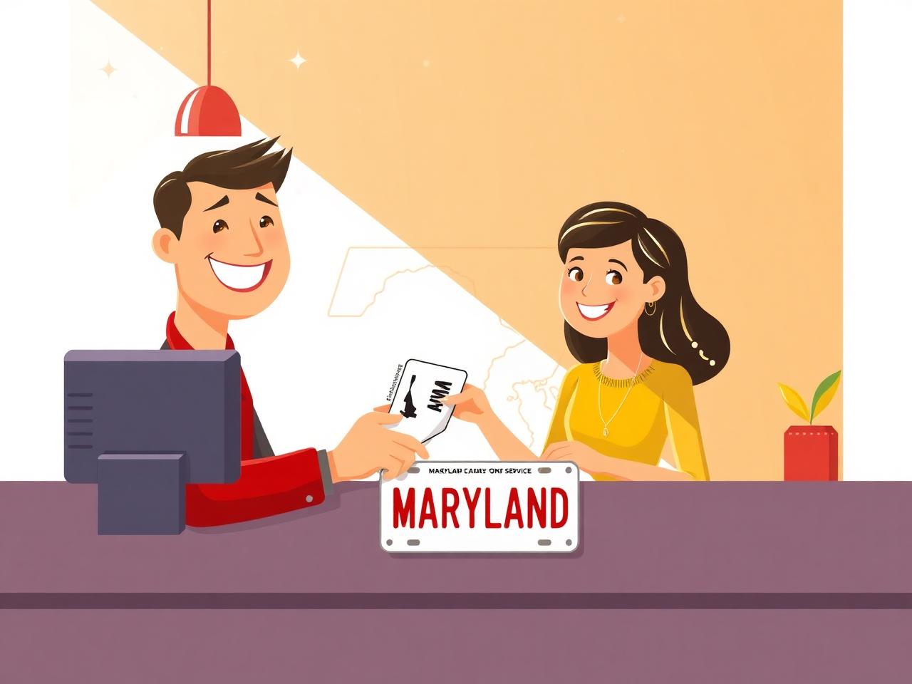 Friendly Maryland tag and title agent handing a license plate to a happy customer